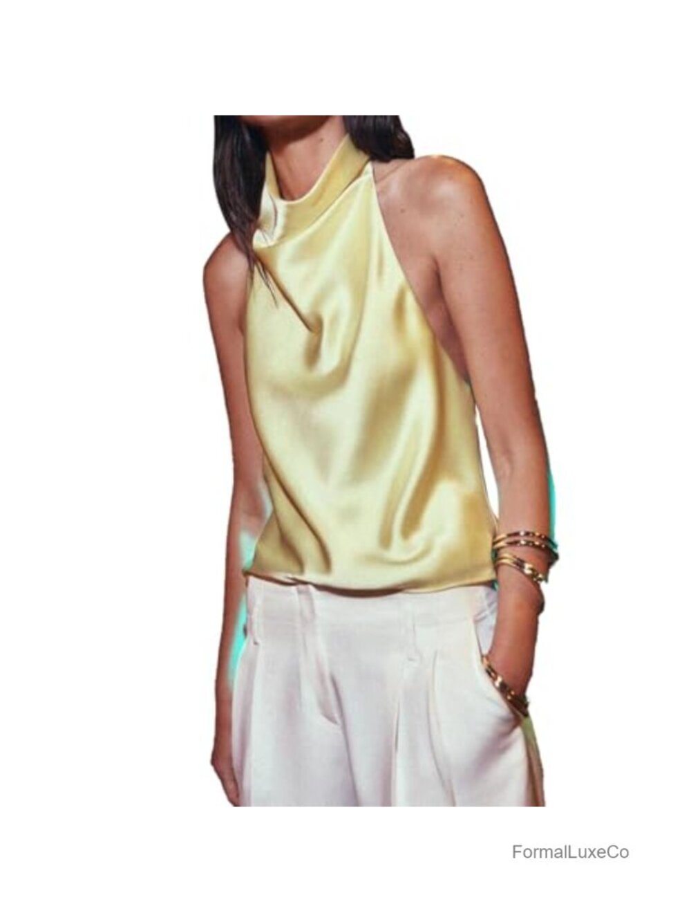Satin Silk Tank Top Cowl Neck Backless Halter Top for Party Club